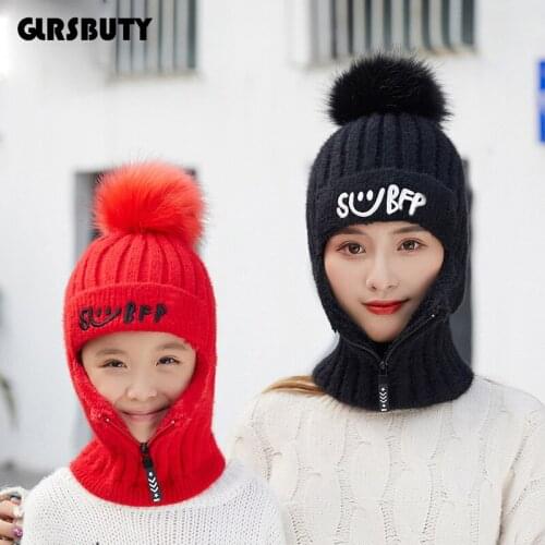 Winter Hat for Women Kids with Pompom Warm Beanie Hat Scarf Newest Knit Cap with Thick Fleece Lined for Girls Women Ladies