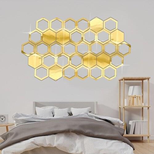 12PCS 3D Background Wall Honeycomb Hexagonal Acrylic Honeycomb Wall Sticker Mirror Self-adhesive Room Aisle Decorative Mirror