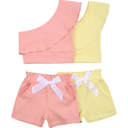 2021 Toddler Girl Cotton Ribbed Solid Color One Shoulder Sleeveless Pullover+Shorts 2pcs Outfits Children Clothes Sets 1-4Y