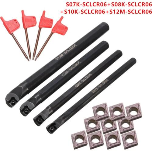 4pcs 7/8/10/12mm SCLCR06 Lathe Boring Bar Turning Tool With 10pcs CCMT0602 Inserts +4pcs T8 Wrench