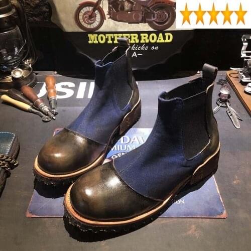 Safety Vintage Work Mens Patchwork High Top Genuine Leather Round Toe Motorcycle Chelsea Boots Male Canvas Cargo Shoes