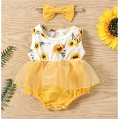0-24M Newborn Baby Girls Sleeveless Romper Fresh Flower Mesh Yarn Stitching Bodysuits + Headband