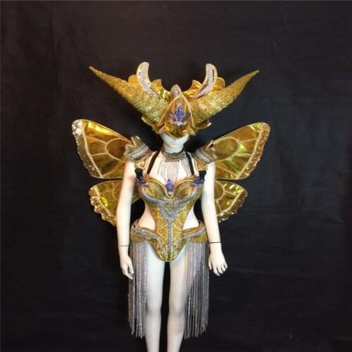 KS7 Gold wings party dance stage led costumes lighted backplane dj female bodysuit bar butterfly show dress clothe outfits club