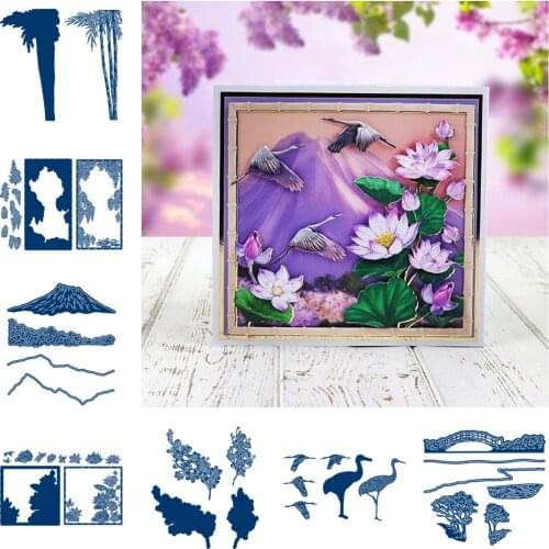 Lotus Mountain Bridge Crane Bamboo Metal Cutting Dies for DIY Scrapbooking Crafts Dies Cut Stencils Maker Photo Album Template