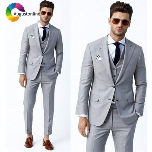 Light Blue Men Suits Wedding Slim Fit Groom Tuxedos Custom Made Best Man Blazers Suit 3 Pieces Jacket Pants Vest Party Ternos