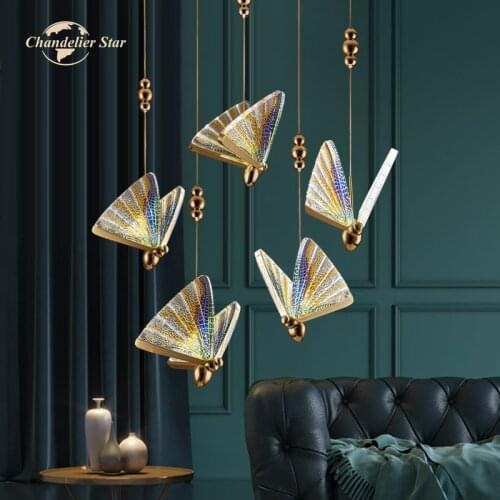 Nordic LED Colorful Butterfly Chandeliers Modern Metal Acrylic Pendant Lights Fixture Bedroom Living Room Staircase Lamps Lustre