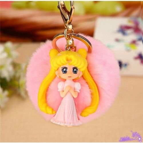 Original New Fluffy Fur Pompom Angel Girls keychain Pompon Fur Ball Anime Key Ring Women Car Bag Key Holder Jewelry Wedding Gift