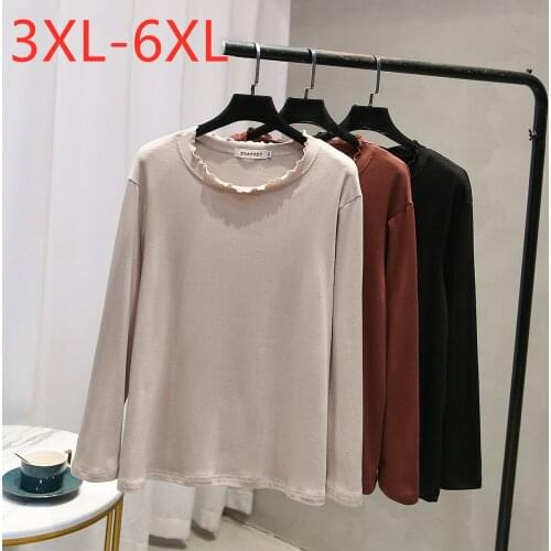 New 2021 Ladies Autumn Autumn Plus Size Basic Tops For Women Large Long Sleeve Cotton Black Brown O-neck T-Shirt 3XL 4XL 5XL 6XL