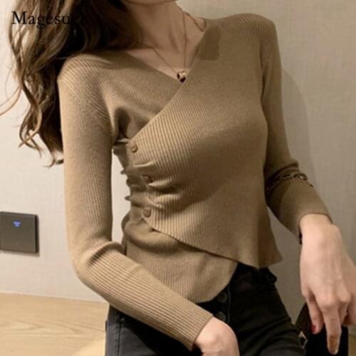 2021 Autumn Women Solid Cotton Shirt Irregular Button Black V-neck Knitted Long Sleeve Tops Elegant OL Slim Blouse Blusas 15849