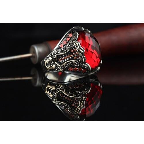 Detailed Designed Crystal Cut Kırımızı Zircon 925 Sterling Silver Men 'S Ring