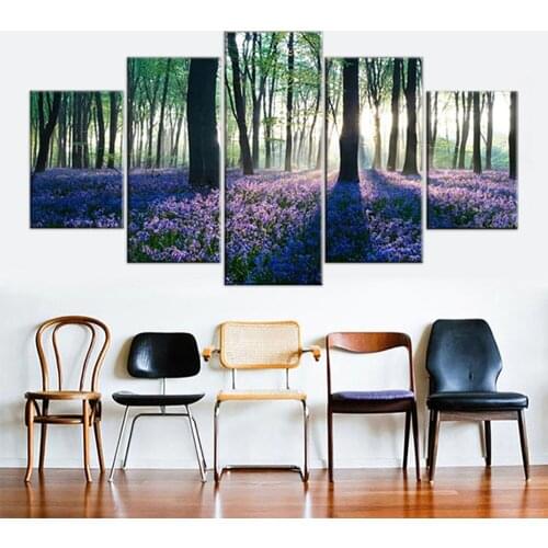 Framework Living Room HD Printed Posters 5 Panel Early Morning Forest Lavender Home Decoration Modern Art Painting