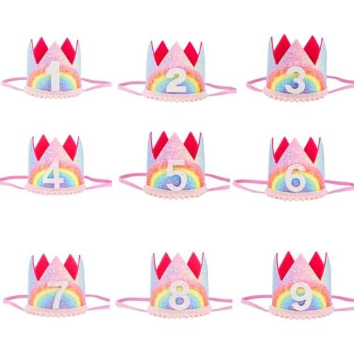 50 Pcs/Lot, 2021 New Rainbow Glitter Birthday Crown Headband For Party Gift, Cake Smash Outfit Crown Birthday Hat