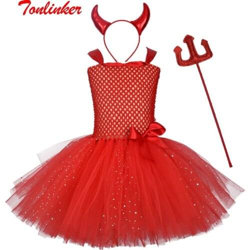 Girls Christmas Devil Horns Costume Suit Baby Birthday Party Tutu Dress Princess Cosplay Dressing Up Outfit Kids Fancy Dresses