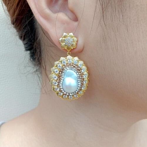 YYGEM natural White Nucleated Flameball Baroque Pearl Cubic Zirconia Pave Gold color Flower Stud Earrings luxury style for women