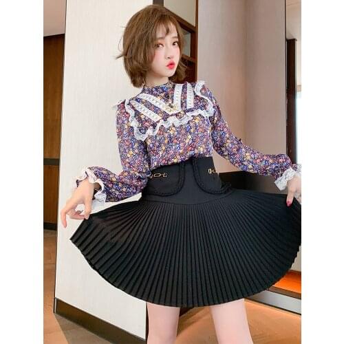 Stand collar Lace Ruffle Floral Shirt+High waist pleated skirt suit for women 2021 Spring new High Quality Top Quality