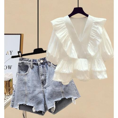 Plus Size Womens 2021 Summer Suit Female Ruffled Top + High Waist Slim Denim Short Pants