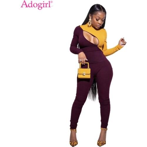Adogirl Zipper Hollow Out Color Patchwork Ribbed Two Piece Sets for Women Turtleneck Long Sleeve Shirt Pencil Pants Knitted Suit