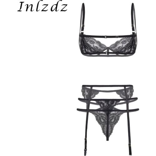 Womens Lingerie Bra Panties Set Erotic Lace Sexy Suit Shoulder Strap Underwired Unlined Bra with Strappy G-string Garter Belt