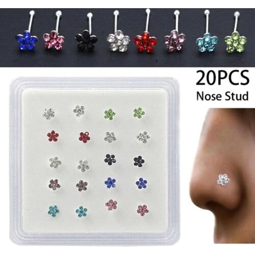 20Pcs/Box Women Flower Rhinestone Silver Plated Nose Stud Body Piercing Jewelry Nose Studs piercing Jewelry Flower Shape 2019 Ne
