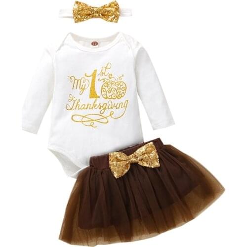 0-12M Newborn Baby Girl Long Sleeve Cotton Bodysuit Tops Tutu Skirt Headband 3PCS Outfits Thanksgiving Clothes Set