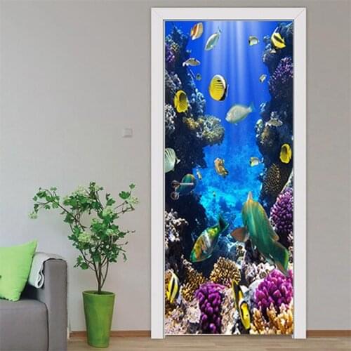3D Underwater World Door Sticker Self Adhesive Wall Sticker DIY Renovation Waterproof Poster for Kids Bedroom Door-ABUX