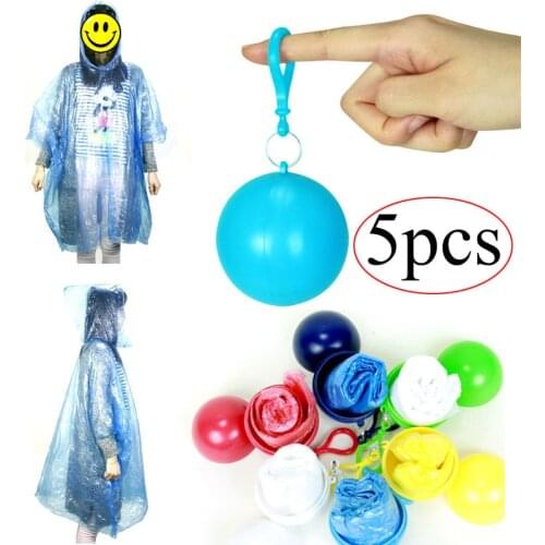 5PCS Portable Disposable Raincoat Ball Rain Cover Jacket Outdoor Camping Hooded Poncho Waterproof Rainwear Keyring Balls Unisex