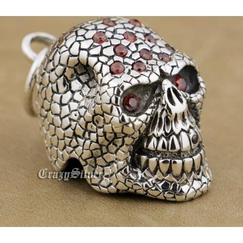 925 Sterling Silver Red CZ Stones Skull Mens Biker Rocker Punk Pendant 9S024