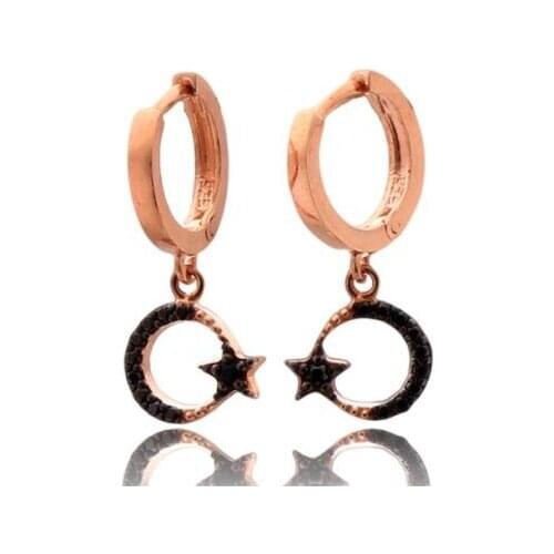 925 Sterling Earrings with Black Stone and Moon Star Design