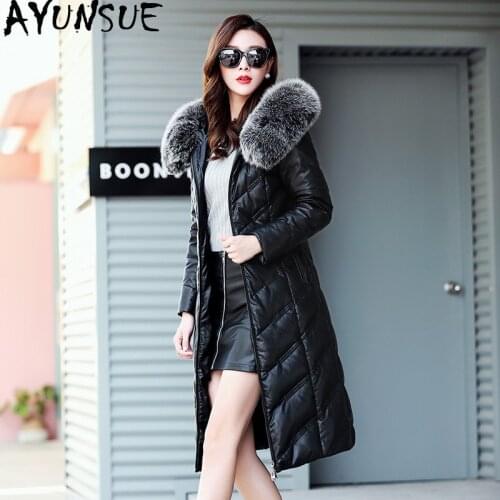 AYUNSUE Winter Genuine Leather Jacket Women Duck Down Jacket Female Fox Fur Collar Plus Size Long Coat Sheepskin Jackets KJ585