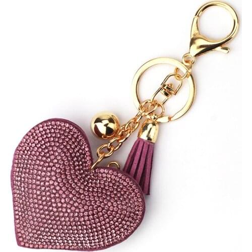 Women Heart Keychain Full Crystal Key Holder Handbag Pendant Tassel Golden Chain Bag Keyring 6 Color