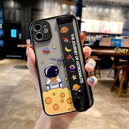 Cartoon Space Astronaut Phone Case For iPhone 12 11 Pro Max XR XS X 6 6s 8 Plus se2020 Matte Hard Back Cover Wrist Band Bracket