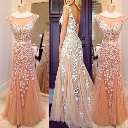 MANSA Custom Made Floor Length Appliques Scoop Long Lace Prom Dresses Elegant Mermaid Evening Dress Vestido De Festa