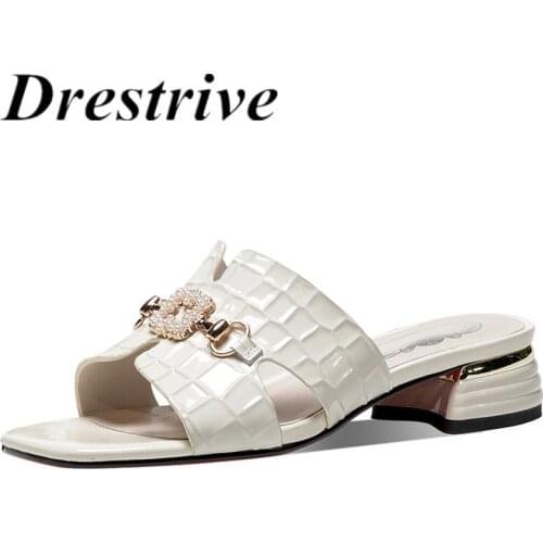 Drestrive 2021 Summer Fashion Women Slippers Square Toe Low Heels Metal Knot Crystal Sandals Big Size 42 Patent Leather