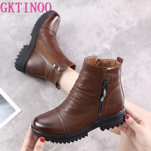 GKTINOO Snow Boots Women Genuine Leather Round Toe Shearling Wool Fur Platform Winter Ladies Ankle Boots Shoes Handmade