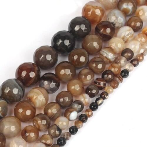 Natural Stone Faceted Coffee Striated Agates Loose Spacer Beads For DIY Jewelry Making Bracelet Accessories 15'' 4 6 8 10 12mm