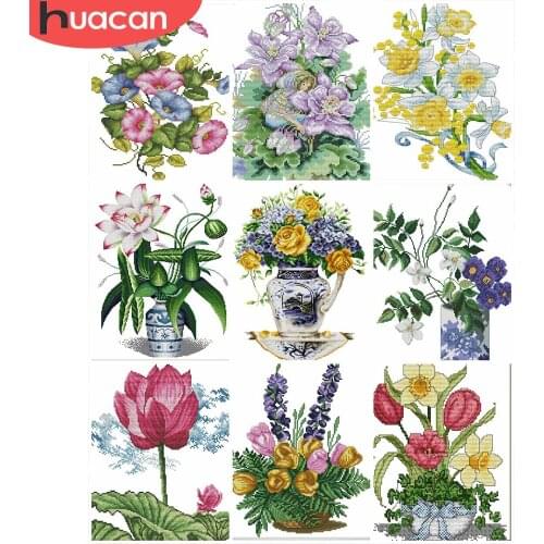 HUACAN DIY Cross-Stitch Flower Embroidery Needlework Sets Cross Stitch 11CT 14CT Flowers Kits White Canvas Home Decor