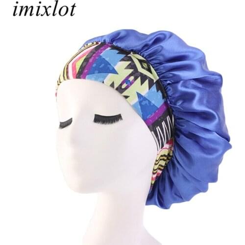 Imixlot Bohemia Ethnic Style Pattern Print Satin Elastic Bonnet Hat Women Comfortable Wide Band Sleep Cap Head Wrap