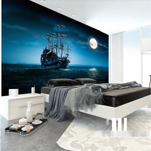 Customized 3d wallpaper sailing moonlight beauty landscape background wall decoration painting silk waterproof material