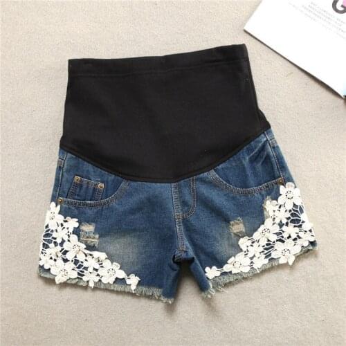 Summer Fashion New Pattern Maternity Shorts Lace Flower Pregnant Woman Denim Support Abdomen Shorts Big Size