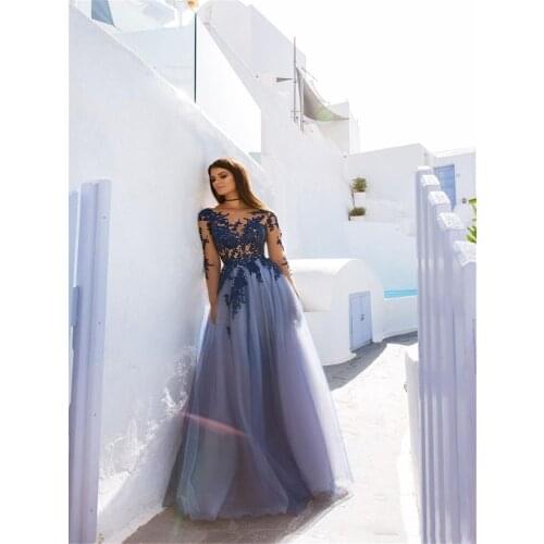 Fashion Illusion A Line Navy Blue Evening Dresses Hollow Back Appliques Formal Dress Floor Length Tulle Tiered Skirt Evening Gow