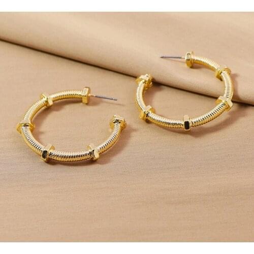MOFLO Creative Twisted Screw Nut Hoop Earring 14K Gold Plated Big C Shaped Huggie Hoop Earring For Party