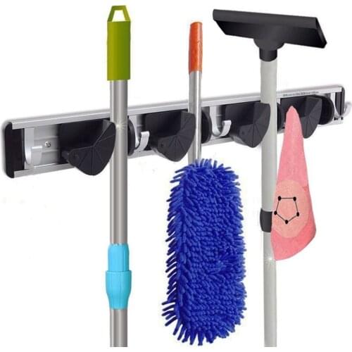 Mop and Broom Holder Rack 4 Clamp 5 Hooks Wall Mounted Bathroom Garage Towel Umbrella Cloth Storage Organizer Hook Rack Black