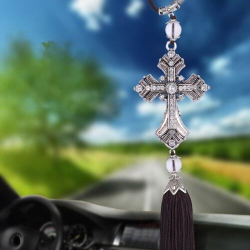 MR TEA Car Pendant Hanging Jesus Christian Car Rear View Mirror Ornaments Metal And Crystal Diamond Cross Interior Car Styling