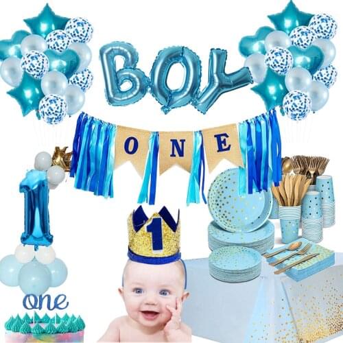 1 year Boy Birthday Blue Latex Balloons Garland Tableware Set Plates First 1st Birthday Baby Shower Boy Decorations Supplies