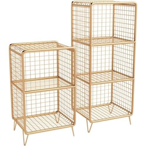 Nordic Wrought Iron Bedside Table Gold Shelf Bedroom Small Metal Bookshelf Floor Grid Storage Rack