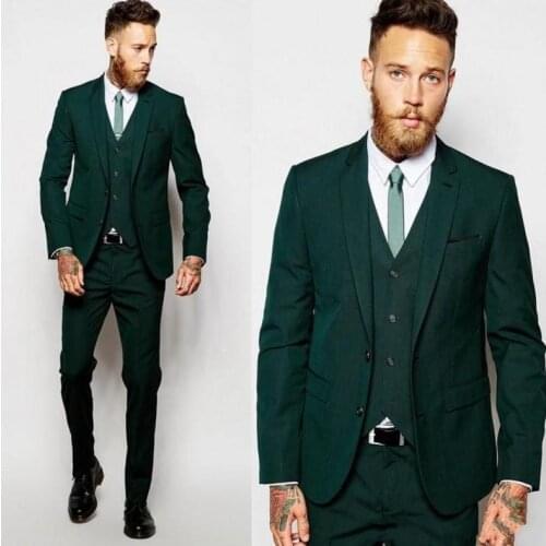 New Arrival Two Buttons Dark Green Groom Tuxedos Groomsmen Notch Lapel Mens Suits Blazers (Jacket+Pants+Vest+Tie) W:1034