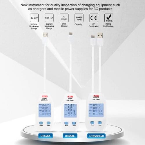 USB Tester Voltage and Current Monitors Volt Ampere Digital Product Charger Capacity Meter with Data Storage UNI-T UT658A/C/DUAL