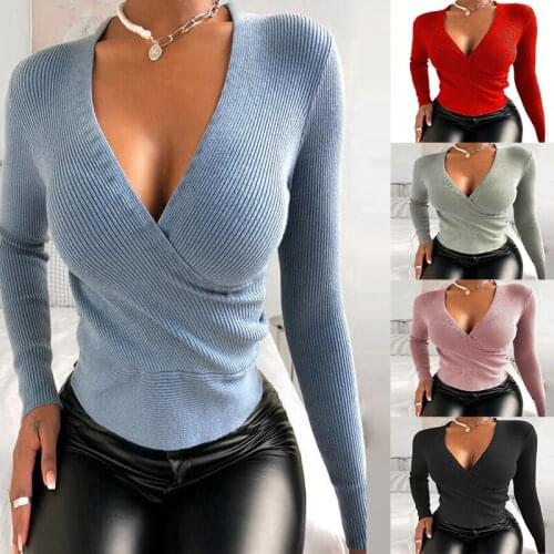 Autumn and Winter New Cross-Border Womens Clothing Wish Slim V-neck Rib Knitted Shirt for Women
