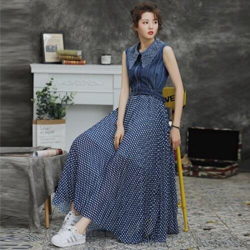Womens summer dress patchwork dresses denim 2020 vest bull-puncher girl pleated lace pressure wave dress 82173