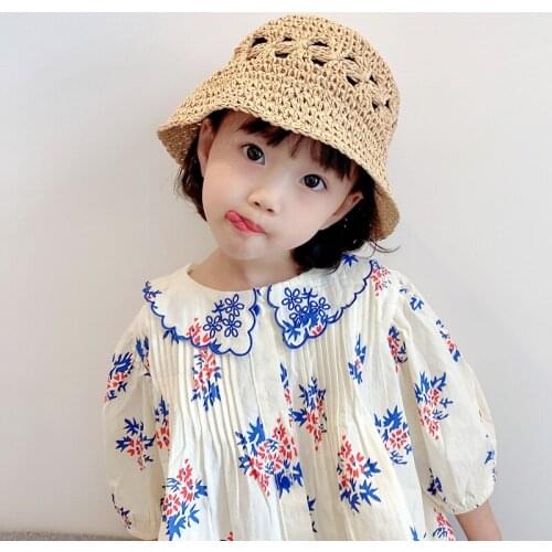 2021 New Girls Hand Made Sun Hat Kids Summer Raffia Straw Hat Big Brim Beach Cap Foldable Breathable Summer Parent-child Hat